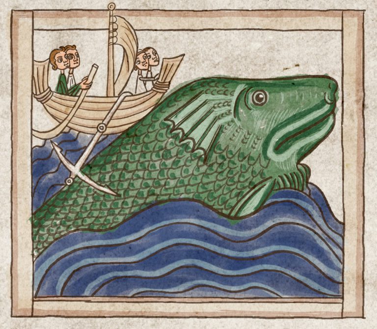 クジラ、その背中のボートに乗った男たち